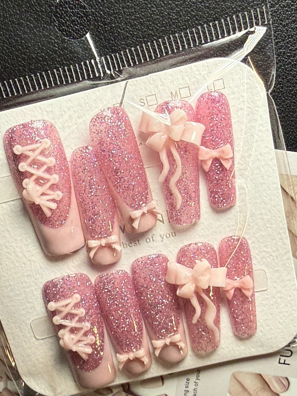 Press-On Nails Acrylic Pink White Glitter Bows Size XS Long Coffin Handmade New